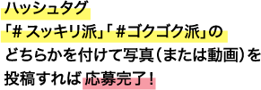ハッシュタグ「#スッキリ派」「#ゴクゴク派」のどちらかを付けて写真(または動画)を投稿すれば応募完了!